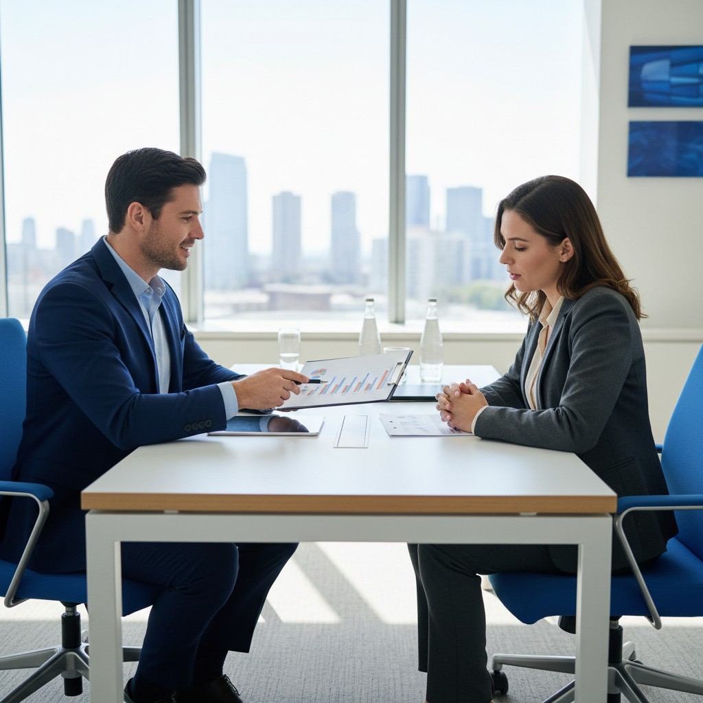 Professional business negotiation scene in modern office, two people sitting across desk discussing salary, confident candidate presenting documents with charts and graphs, recruiter listening attentively, natural lighting through large windows, corporate environment, clean minimalist design, neutral color palette with blue accents, 16:9 format, photorealistic style, no text overlay, focus on professional interaction and confidence